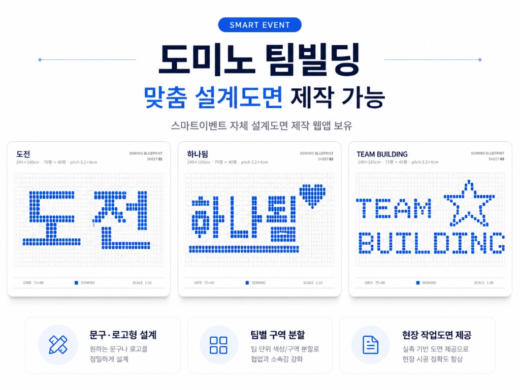 도미노 팀빌딩 맞춤 설계도면 제작 예시 — 문구형·로고형 설계, 팀별 구역 분할 도면